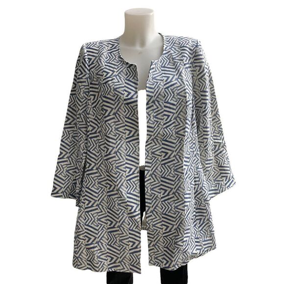 3 SISTERS BLUE ARROW AZTEC PRINT OPEN FRONT BLAZER / COAT 100% LINEN SZ L NEW! - Picture 1 of 12